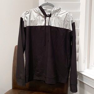 NWOT Victoria Sport Black and Silver Foil Hoodie Shirt